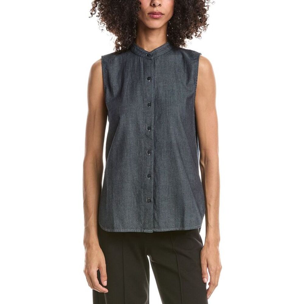 Eileen Fisher Womens Mandarin Collar Shirt, Blue